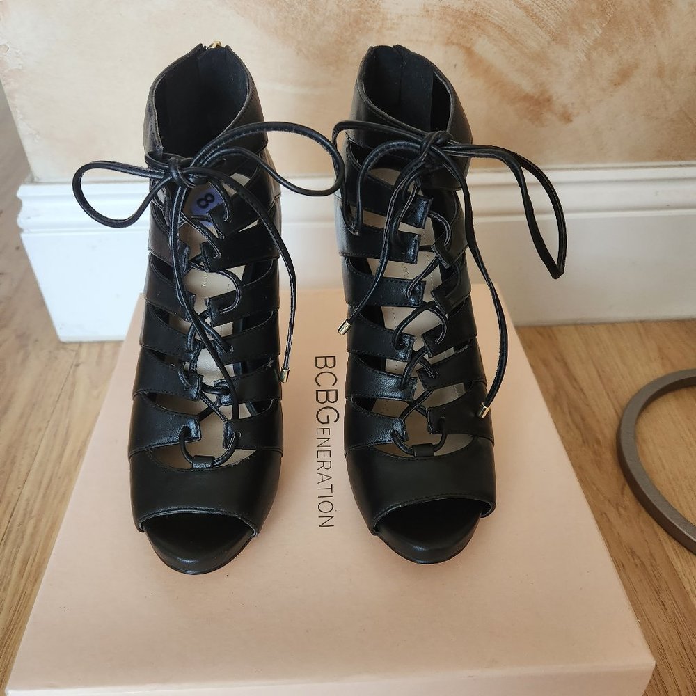 BCBGenerations leather platform heels, black, NEW Sexy lace-up bootie zipper